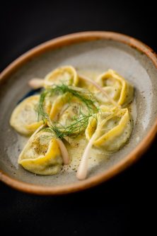 caramelized leek tortelli w/ pickled ramp